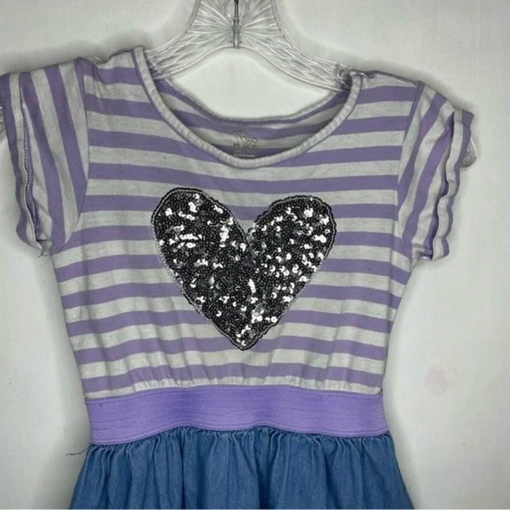 5/$15 Children's Place Purple White Blue Striped Sequin Heart Short Sleeve Play